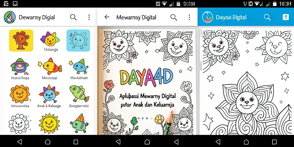 Antarmuka menarik dengan berbagai gambar untuk mewarnai.