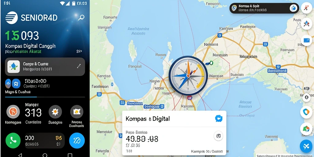 Tampilan utama SENIOR4D menampilkan kompas digital yang akurat.